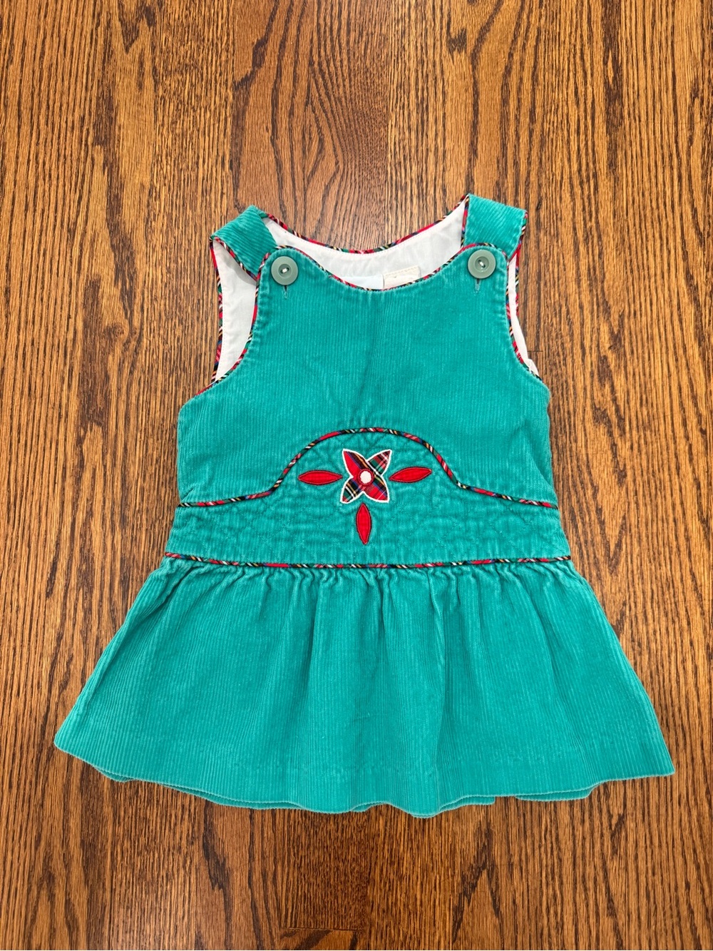Girls' Teal Corduroy Pinafore Dress with Embroidered Detail